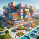 imagina un edificio futurista con un diseño de forma similar a piezas de rompecabezas que tendra la