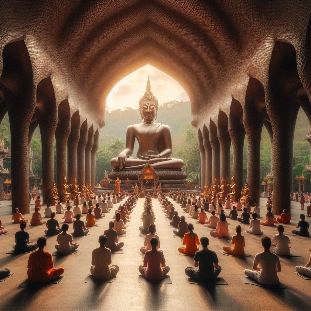 Estatua de Buda en un patio grande, rodeada de personas meditando en una atmósfera tranquila y espiritual.
