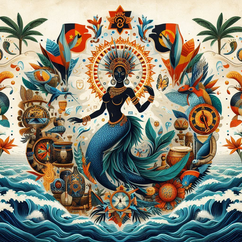 Kianda, la diosa de las aguas de la tradición Angoleña, representada en un entorno acuático con elementos culturales y simbólicos de Angola.