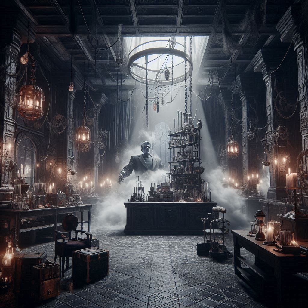 an environment inspired by Frankenstein, featuring a dark and stormy atmosphere, a laboratory with scientific equipment, and a gothic aesthetic